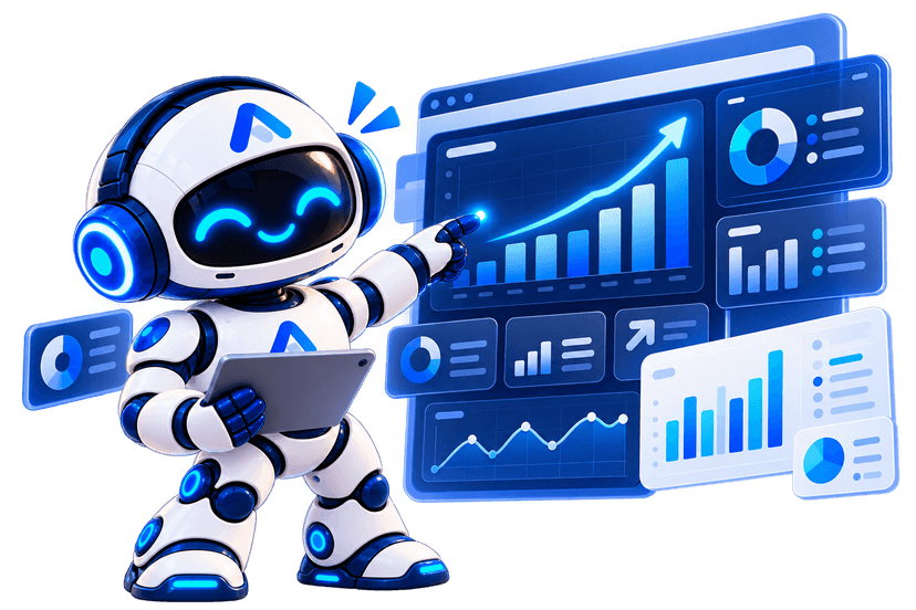 Maskot Aanivee menganalisis dashboard business intelligence