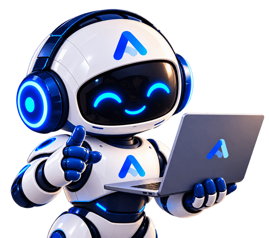 Maskot Aanivee membuat website di laptop